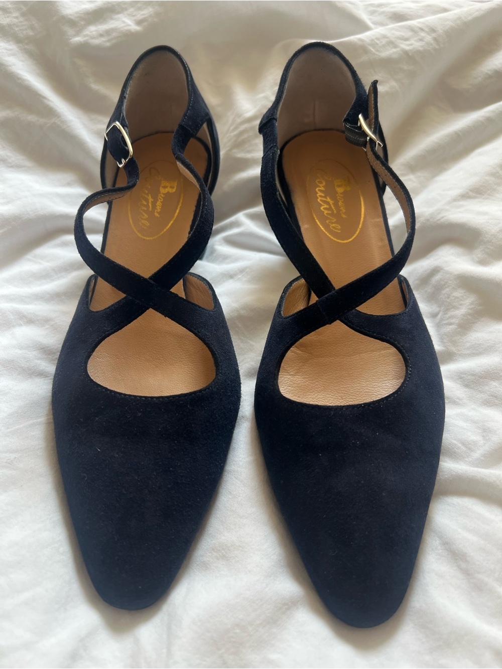 Women's Very Dark Navy Suede Crisscross Strap Heels with Gold Buckle
